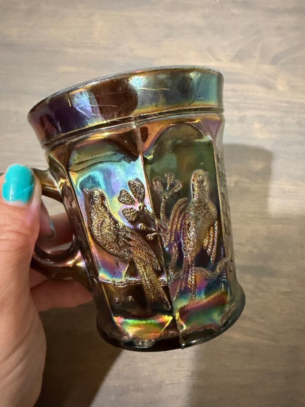 Antique Northwood Singing Birds Amethyst Carnival Glass Mug